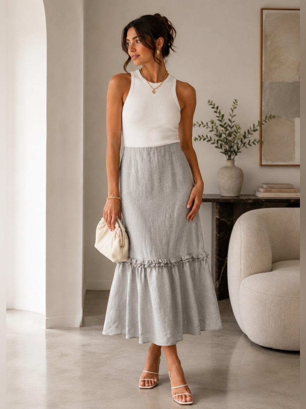 BNWOT Korean Style Ruffled Midi Skirt size  Xs-S in Grey